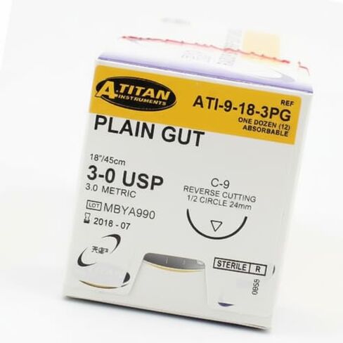 A Titan 9-18-3PG Plain Gut Absorbable Sutures 18" C-9 3-0 1/2 Rev Cut 12/Bx in Kuwait