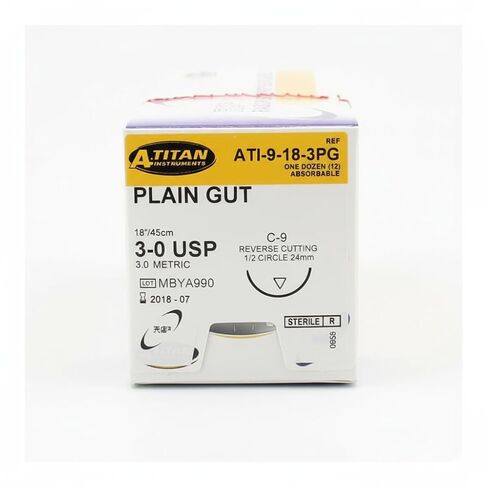 A Titan 9-18-3PG Plain Gut Absorbable Sutures 18" C-9 3-0 1/2 Rev Cut 12/Bx in Kuwait