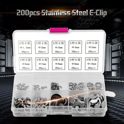 200pcs Stainless Steel E-Clip E-Ring Retaining Ring Assortment M1.5-M10 with Plastic Box in Kuwait