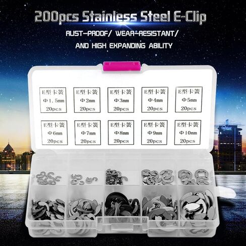 200pcs Stainless Steel E-Clip E-Ring Retaining Ring Assortment M1.5-M10 with Plastic Box in Kuwait