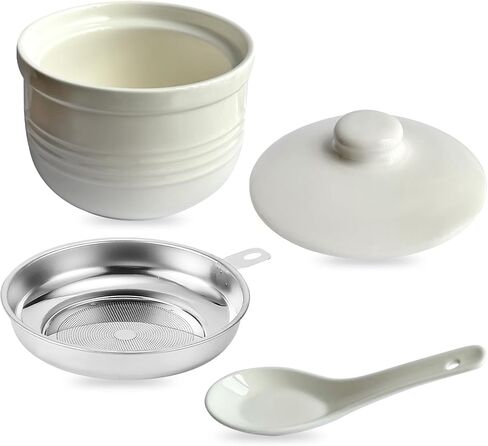 White Striped Ceramic Bacon Grease Container with Strainer & Spoon, 14 oz Rustic Farmhouse Grease Can with Lid, Kitchen Oil Storage Keeper for Cooking Fat Drippings in Kuwait