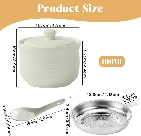 White Striped Ceramic Bacon Grease Container with Strainer & Spoon, 14 oz Rustic Farmhouse Grease Can with Lid, Kitchen Oil Storage Keeper for Cooking Fat Drippings in Kuwait