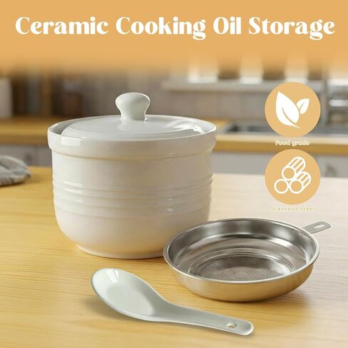 White Striped Ceramic Bacon Grease Container with Strainer & Spoon, 14 oz Rustic Farmhouse Grease Can with Lid, Kitchen Oil Storage Keeper for Cooking Fat Drippings in Kuwait