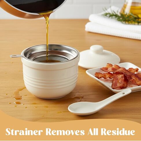 White Striped Ceramic Bacon Grease Container with Strainer & Spoon, 14 oz Rustic Farmhouse Grease Can with Lid, Kitchen Oil Storage Keeper for Cooking Fat Drippings in Kuwait