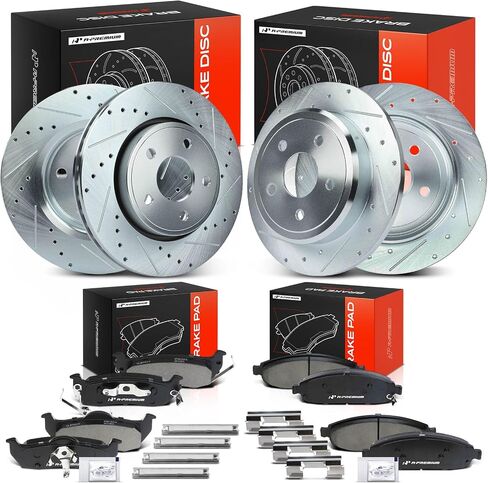 A-Premium Front and Rear Drilled and Slotted Disc Brake Rotors + Ceramic Pads Kit Compatible with Select Jeep Models - Grand Cherokee 2005-2010, Commander 2006-2010, 12-PC Set in Kuwait