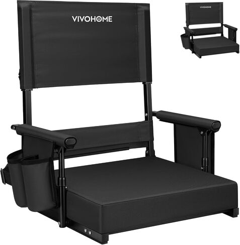 VIVOHOME Height Adjustable High Back Stadium Seats with Back Support and Cushion, 2 Pack Portable Bleacher Chairs with Cup Holder and Shoulder Strap, Black in Kuwait