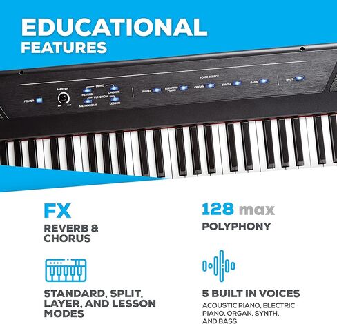 Alesis Recital - لوحة مفاتيح بيانو رقمية مكونة من 88 مفتاحًا مع مفاتيح شبه مرجحة وحامل بيانو للوحة المفاتيح RockJam مزود بـ 61 مفتاحًا مع مجموعة Pitch Bend ومقعد البيانو وسماعات الرأس وتطبيق البيانو البسيط وملصقات الكلمات الرئيسية in Kuwait