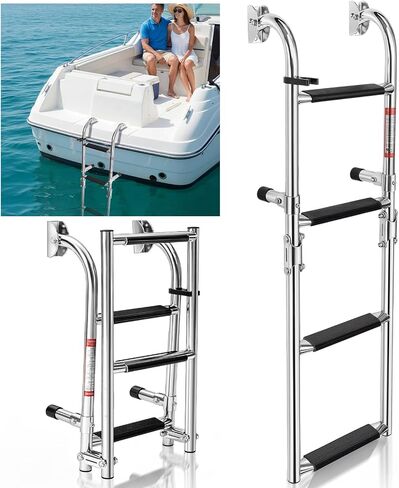 Folding 4 Step Boat Ladder, Heavy Duty 304 Stainless Steel Transom Boarding Swim Platform Ladder with Non Slip Steps, 400 lb Capacity, Corrosion Resistant Ladders for Pontoon, Yacht in Kuwait