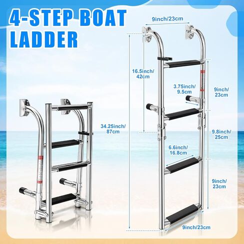 Folding 4 Step Boat Ladder, Heavy Duty 304 Stainless Steel Transom Boarding Swim Platform Ladder with Non Slip Steps, 400 lb Capacity, Corrosion Resistant Ladders for Pontoon, Yacht in Kuwait