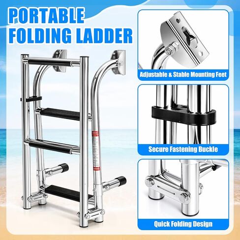 Folding 4 Step Boat Ladder, Heavy Duty 304 Stainless Steel Transom Boarding Swim Platform Ladder with Non Slip Steps, 400 lb Capacity, Corrosion Resistant Ladders for Pontoon, Yacht in Kuwait