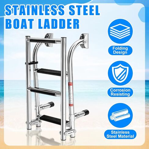 Folding 4 Step Boat Ladder, Heavy Duty 304 Stainless Steel Transom Boarding Swim Platform Ladder with Non Slip Steps, 400 lb Capacity, Corrosion Resistant Ladders for Pontoon, Yacht in Kuwait