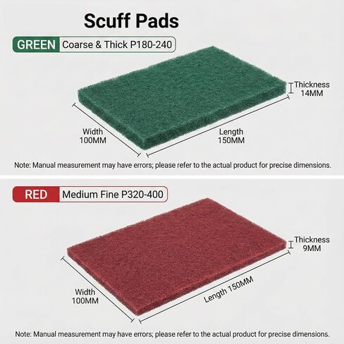 10-Pack Scuff Pads, 5 Green 180 Grit + 5 Red 400 Grit, Non-Woven Aluminum Oxide Sanding Pads for Wet/Dry Surface Prep, Cleaning, Finishing, Automotive, Wood & Metal (150x100mm) in Kuwait