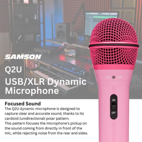 SAMSON Q2U USB and XLR Handheld Dynamic Microphone with Cardioid Polar Pattern (Pink) Bundle with TX-100 Studio Monitor Headphones (Black), and Pop Filter (3 Items) in Saudi Arabia