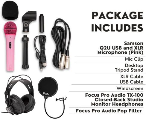 SAMSON Q2U USB and XLR Handheld Dynamic Microphone with Cardioid Polar Pattern (Pink) Bundle with TX-100 Studio Monitor Headphones (Black), and Pop Filter (3 Items) in Saudi Arabia