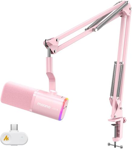 MAONO PD100W USB Wireless Dynamic Microphone for PC, Gaming Streaming Podcast Mic with Noise Reduction,Custom RGB, Mute，Volume Control, Computer Boom Mic for Vocal Recording, Pink in Saudi Arabia