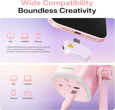 MAONO PD100W USB Wireless Dynamic Microphone for PC, Gaming Streaming Podcast Mic with Noise Reduction,Custom RGB, Mute，Volume Control, Computer Boom Mic for Vocal Recording, Pink in Saudi Arabia