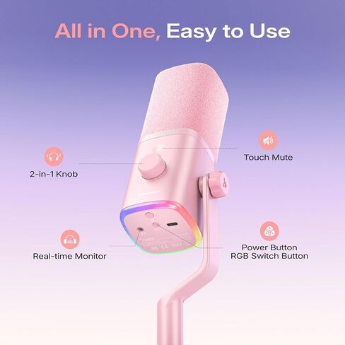 MAONO PD100W USB Wireless Dynamic Microphone for PC, Gaming Streaming Podcast Mic with Noise Reduction,Custom RGB, Mute，Volume Control, Computer Boom Mic for Vocal Recording, Pink in Saudi Arabia