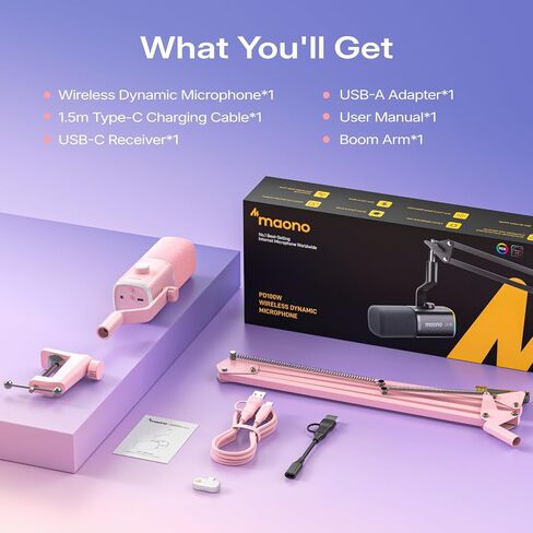 MAONO PD100W USB Wireless Dynamic Microphone for PC, Gaming Streaming Podcast Mic with Noise Reduction,Custom RGB, Mute，Volume Control, Computer Boom Mic for Vocal Recording, Pink in Saudi Arabia