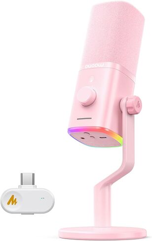 MAONO PD100W Wireless USB Dynamic Microphone, Gaming PC Mic with One-Click Noise Reduction,Mute Button,Custom RGB,3.5mm Headphone Jack,Software, Podcast Streaming Mic (Desktop(USB-C Receiver), Pink) in Saudi Arabia