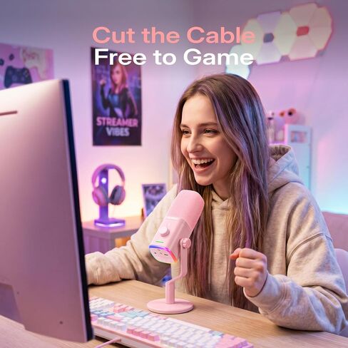 MAONO PD100W Wireless USB Dynamic Microphone, Gaming PC Mic with One-Click Noise Reduction,Mute Button,Custom RGB,3.5mm Headphone Jack,Software, Podcast Streaming Mic (Desktop(USB-C Receiver), Pink) in Saudi Arabia