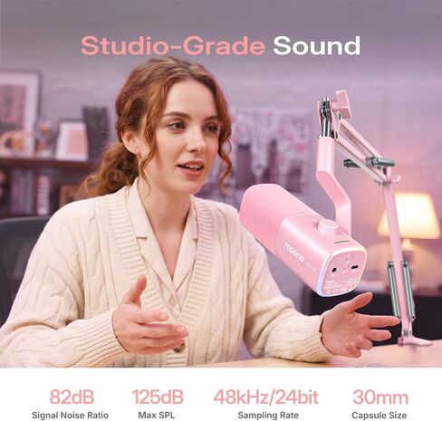 MAONO PD100W Wireless USB Dynamic Microphone, Gaming PC Mic with One-Click Noise Reduction,Mute Button,Custom RGB,3.5mm Headphone Jack,Software, Podcast Streaming Mic (Desktop(USB-C Receiver), Pink) in Saudi Arabia