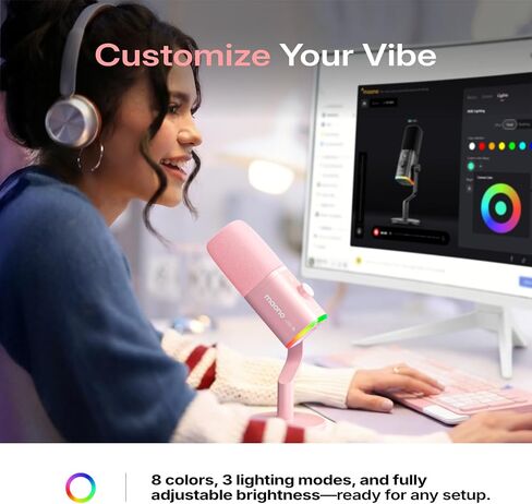 MAONO PD100W Wireless USB Dynamic Microphone, Gaming PC Mic with One-Click Noise Reduction,Mute Button,Custom RGB,3.5mm Headphone Jack,Software, Podcast Streaming Mic (Desktop(USB-C Receiver), Pink) in Saudi Arabia