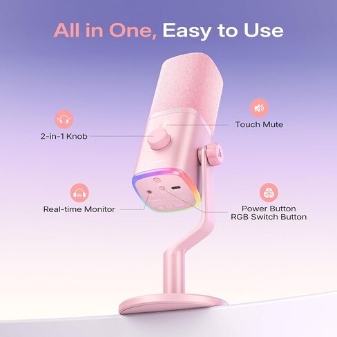 MAONO PD100W Wireless USB Dynamic Microphone, Gaming PC Mic with One-Click Noise Reduction,Mute Button,Custom RGB,3.5mm Headphone Jack,Software, Podcast Streaming Mic (Desktop(USB-C Receiver), Pink) in Saudi Arabia