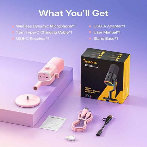 MAONO PD100W Wireless USB Dynamic Microphone, Gaming PC Mic with One-Click Noise Reduction,Mute Button,Custom RGB,3.5mm Headphone Jack,Software, Podcast Streaming Mic (Desktop(USB-C Receiver), Pink) in Saudi Arabia