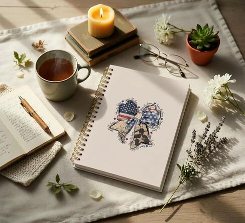 Coquette Blue White Red Bow Spiral Notebook, Independence Day Patriotic Journal Gifts for Women, 4th of July Gifts for Women, College Ruled Hardcover Spiral Notebook 5.5x8.3 in Kuwait