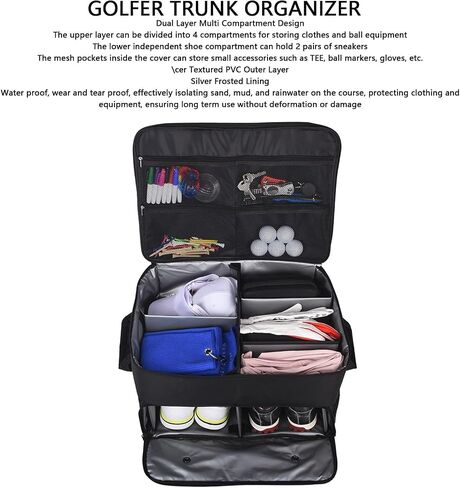 Golfer Trunk Organizer, Foldable 45x34x26cm Holds 2 Pairs Shoes 2 Outfits Gear Storage 4 Compartment Dual Layer for Car SUV Travel Tournament Trips in Kuwait