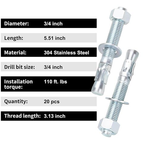 3/4" x 5-1/2" Concrete Anchor Bolts, 20PCS Zinc-Plated Carbon Steel Wedge Anchor in Kuwait