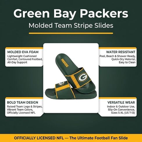 FOCO Green Bay Packers شبشب كبير جدًا للرجال من NFL مصبوب من إسفنج EVA | مقاوم للماء، مرخص رسميًا in Kuwait