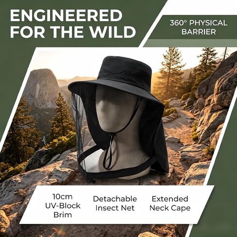 Mosquito Sun Hat with Hidden Head Net and Neck Flap for Men Women Outdoor Fishing Hiking Camping Mosquito and Lnsect Repellent Black in Kuwait