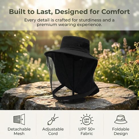 Mosquito Sun Hat with Hidden Head Net and Neck Flap for Men Women Outdoor Fishing Hiking Camping Mosquito and Lnsect Repellent Black in Kuwait