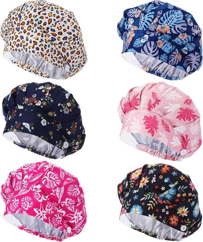 Panitay 6 Pcs Satin Lined Scrub Caps Women Nurse Surgical Hat with Buttons Ponytail Working Adjustable Pouch Tie Back in Kuwait