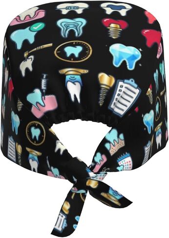 Working Cap with Sweatband Adjustable Cleaning Work Hat Scrub Cap for Women Men Tie Back Hat Nurse Surgical Caps (Tooth, One Size) in Kuwait