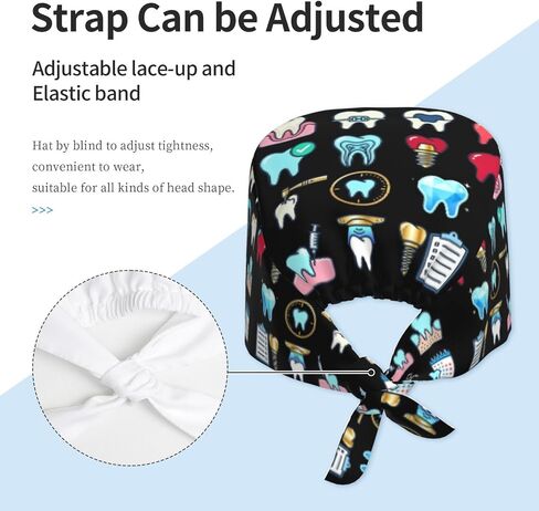 Working Cap with Sweatband Adjustable Cleaning Work Hat Scrub Cap for Women Men Tie Back Hat Nurse Surgical Caps (Tooth, One Size) in Kuwait