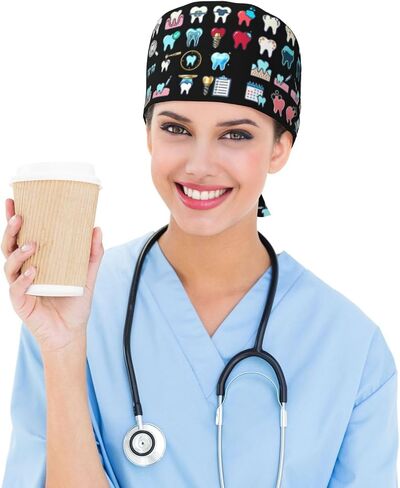 Working Cap with Sweatband Adjustable Cleaning Work Hat Scrub Cap for Women Men Tie Back Hat Nurse Surgical Caps (Tooth, One Size) in Kuwait