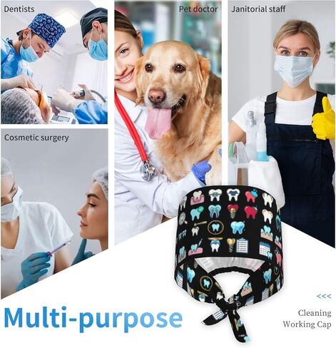 Working Cap with Sweatband Adjustable Cleaning Work Hat Scrub Cap for Women Men Tie Back Hat Nurse Surgical Caps (Tooth, One Size) in Kuwait