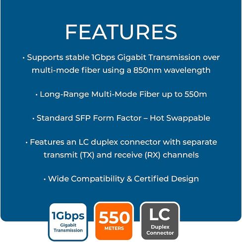 وحدة الإرسال والاستقبال الضوئية OREI 1G SFP - 1000BASE Gigabit Fiber SFP، 850 نانومتر متعدد الأوضاع، يصل إلى 550 مترًا، موصل مزدوج LC، متوافق مع محولات شبكة SFP in Kuwait