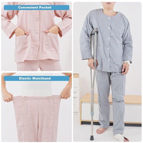 Bedridden Patient Clothes Long Sleeved Patient Pajamas Set Nursing Aid Tear Away Cotton Pajamas Set Hospital Patient Gown,Blue,M in Kuwait