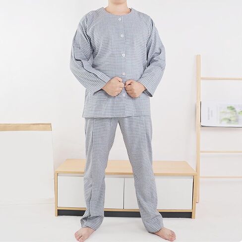 Bedridden Patient Clothes Long Sleeved Patient Pajamas Set Nursing Aid Tear Away Cotton Pajamas Set Hospital Patient Gown,Blue,M in Kuwait