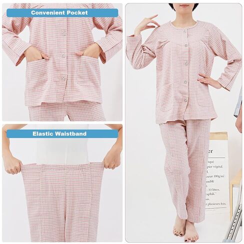 Bedridden Patient Clothes Long Sleeved Patient Pajamas Set Nursing Aid Tear Away Cotton Pajamas Set Hospital Patient Gown,Pink,M in Kuwait