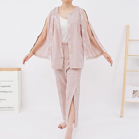 Bedridden Patient Clothes Long Sleeved Patient Pajamas Set Nursing Aid Tear Away Cotton Pajamas Set Hospital Patient Gown,Pink,M in Kuwait