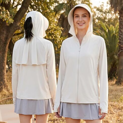 Women's UPF 50+ Ice Silk Sun Protection Hoodie Jacket, White, Dual Zipper & Back Mesh Vented, Lightweight Long Sleeve Outdoor Sun Shirt, L in Kuwait