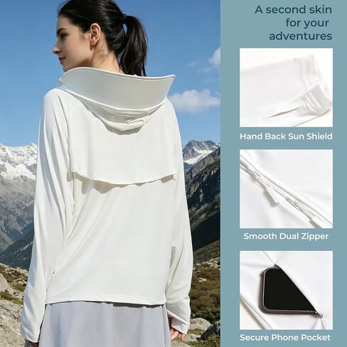Women's UPF 50+ Ice Silk Sun Protection Hoodie Jacket, White, Dual Zipper & Back Mesh Vented, Lightweight Long Sleeve Outdoor Sun Shirt, L in Kuwait