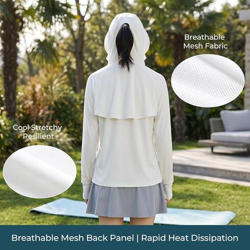 Women's UPF 50+ Ice Silk Sun Protection Hoodie Jacket, White, Dual Zipper & Back Mesh Vented, Lightweight Long Sleeve Outdoor Sun Shirt, L in Kuwait