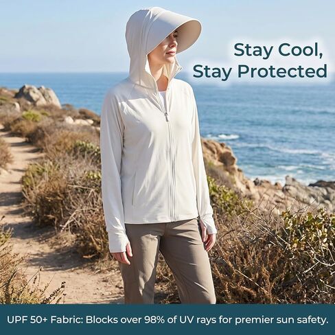 Women's UPF 50+ Ice Silk Sun Protection Hoodie Jacket, White, Dual Zipper & Back Mesh Vented, Lightweight Long Sleeve Outdoor Sun Shirt, L in Kuwait