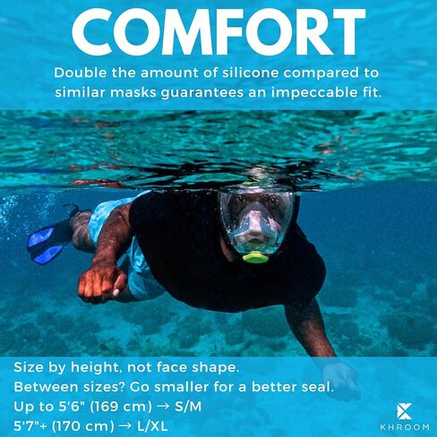 Khroom Full Face Snorkel Mask Adults | CO2-Safe Snorkeling Mask for Adults | 3X Larger Air Intake for Easy Breathing | Anti-Fog 180° View | Adult Snorkel Mask for Men & Women in Kuwait