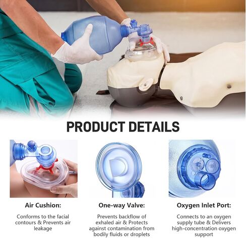 CPR Manual Resuscitation Training Kit, Training BVM Set, Includes 1 Adult/Child CPR Practice Kit, 1 Squeeze Bag, 1 Reservoir Bag, BVM Set Practice Only Use in Kuwait